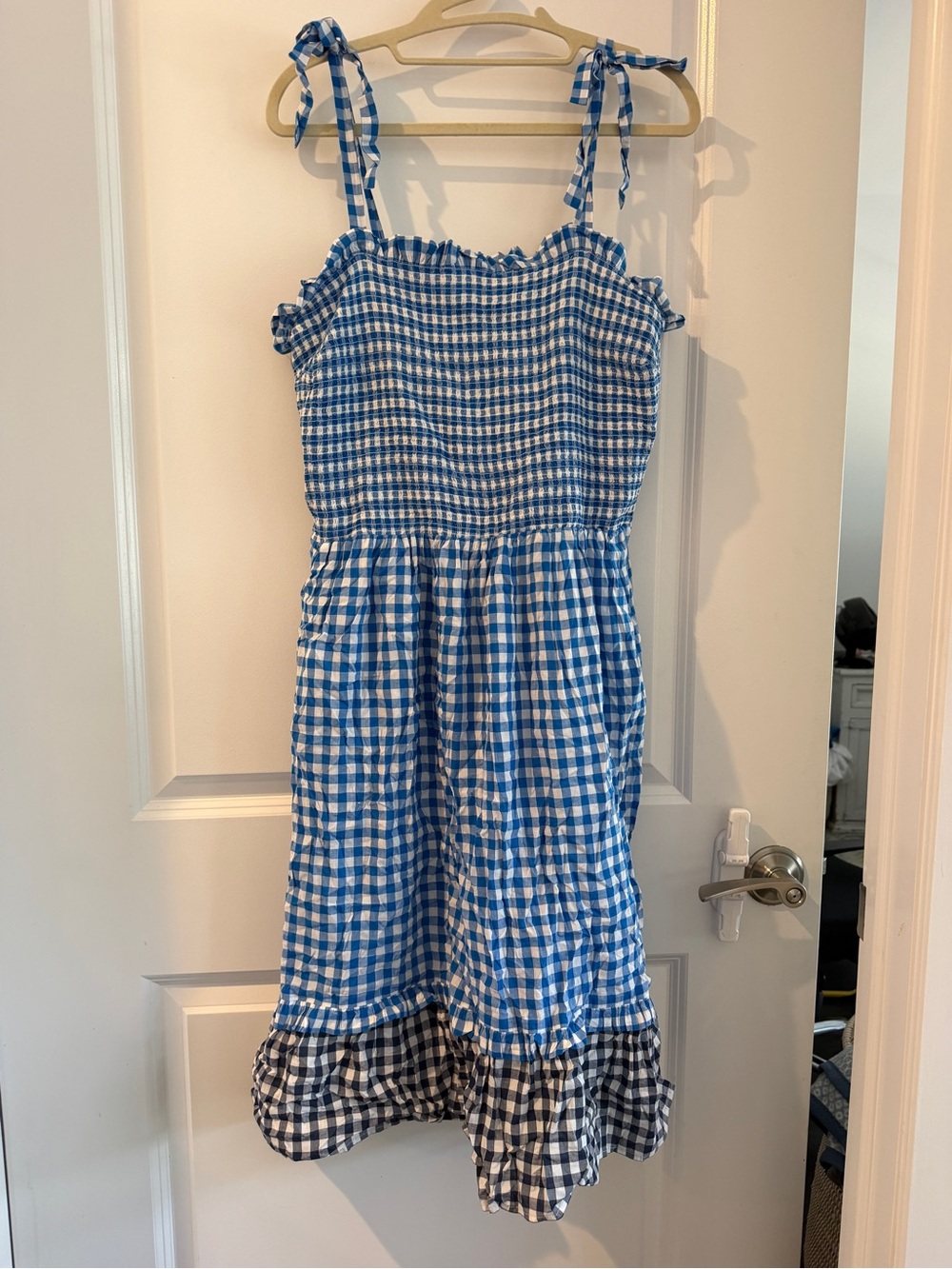 Draper James Blue and White Gingham Midi Dress with Tie Straps